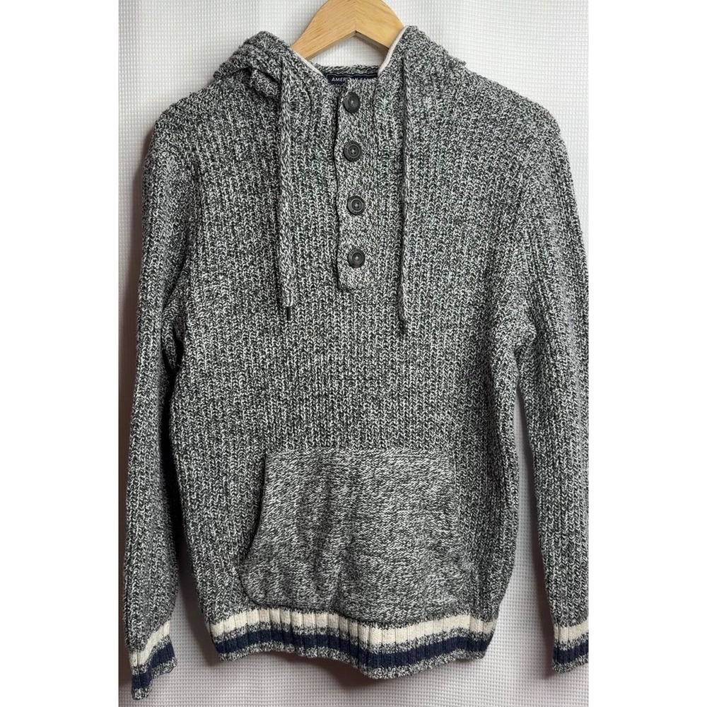 American Eagle Mens Marled Grey Knit Henley Hoodie Sweater Size M Striped Trim